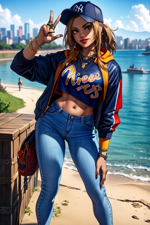 beautiful, (masterpiece:1.2), (best quality:1.2), Freya, looking at viewer, Jordan sneakers, skinny jeans, croptop, Supreme hoodie, New york yankees baseball cap, Golden chain necklace, red lipstick, Black eyeliner, Posing for a picture, California background, Smirking confidently, peace sign,