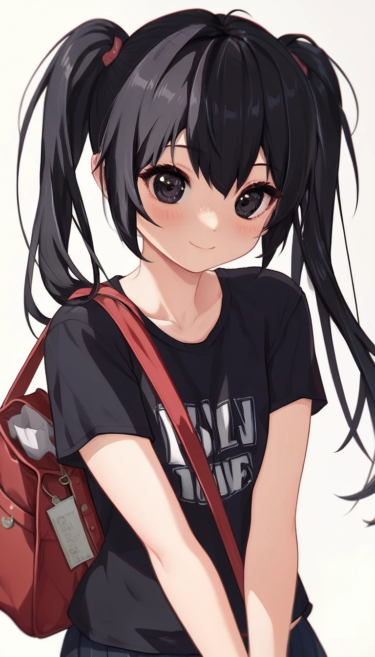 16K,1girl,12 years old,very cute,black hair,twintail,thin twintail,black eyes,r-shirt,Short sleeve, red randoseru,Red School Bag,flat chest,white background,blush,light smile