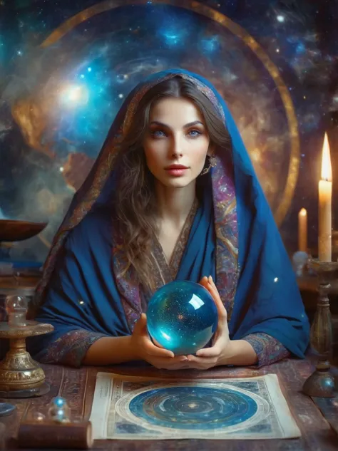 a mystic astrologer woman, flowing robes with intricate star patterns, holding a gleaming crystal ball, beautiful detailed eyes,...