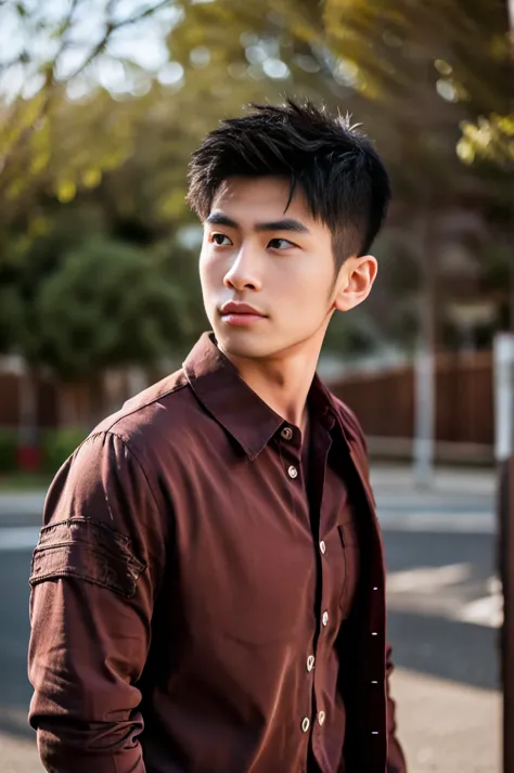 a young asian man with large muscles looks at the camera. in a dark red button-up shirt. , measure , normal sunlight