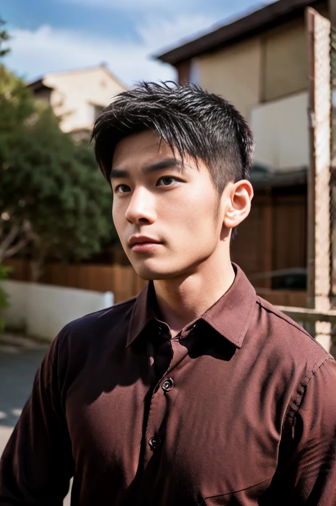 A young Asian man with large muscles looks at the camera. In a dark red button-up shirt. , measure , Normal sunlight