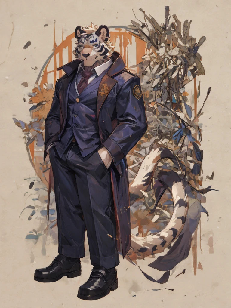 {{bara extremely handsome 白色的 tiger,}} {{白色的 fur,}} 白色的, 穿着优雅华丽的西装外套, 裤子, 白色的 dress shirt and necktie, 白色的 fluffy furry body and limbs, 乐福鞋, 非常高, 肩膀很宽, 柳腰, 肌肉发达的手臂, 巨大的胸肌, 紫色的眼睛, 腿很长, 巨大隆起, 精致热辣造型, 全身, 3/4 视图, 最好的质量, 高质量, 左耳上的银耳环, 闷热的笑容, 多个视图, 角色表