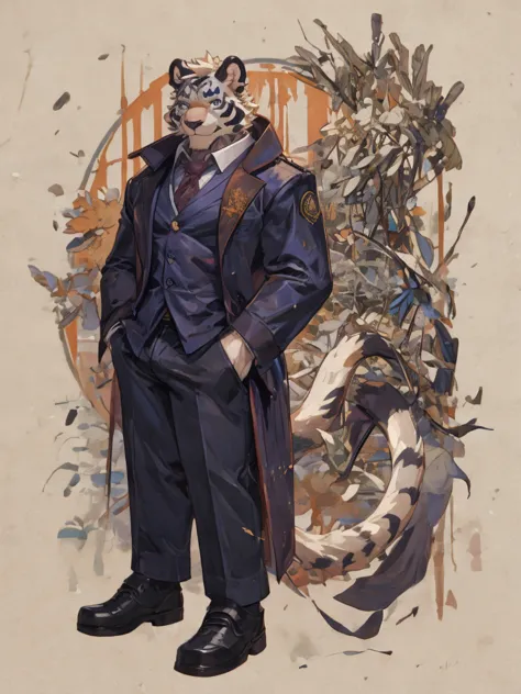 {{bara extremely handsome white tiger,}} {{white fur,}} white, wearing elegant ornate suit jacket, trousers, white dress shirt a...