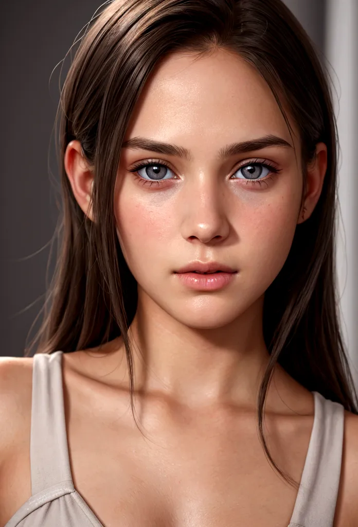 Take the image of a hyper-realistic, very detailed face of a teenager, with soft skin, gray eyes, beautiful, very attractive, 8k...