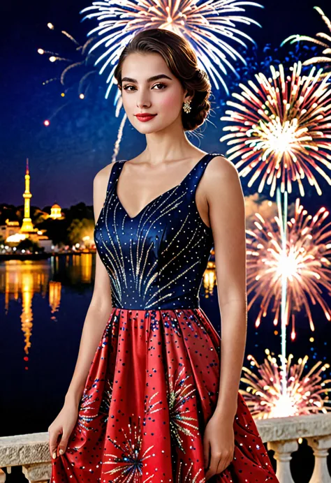 "Elegance and Youth: A Portrait of Modern Beauty"beautiful simri dress, firework in background 