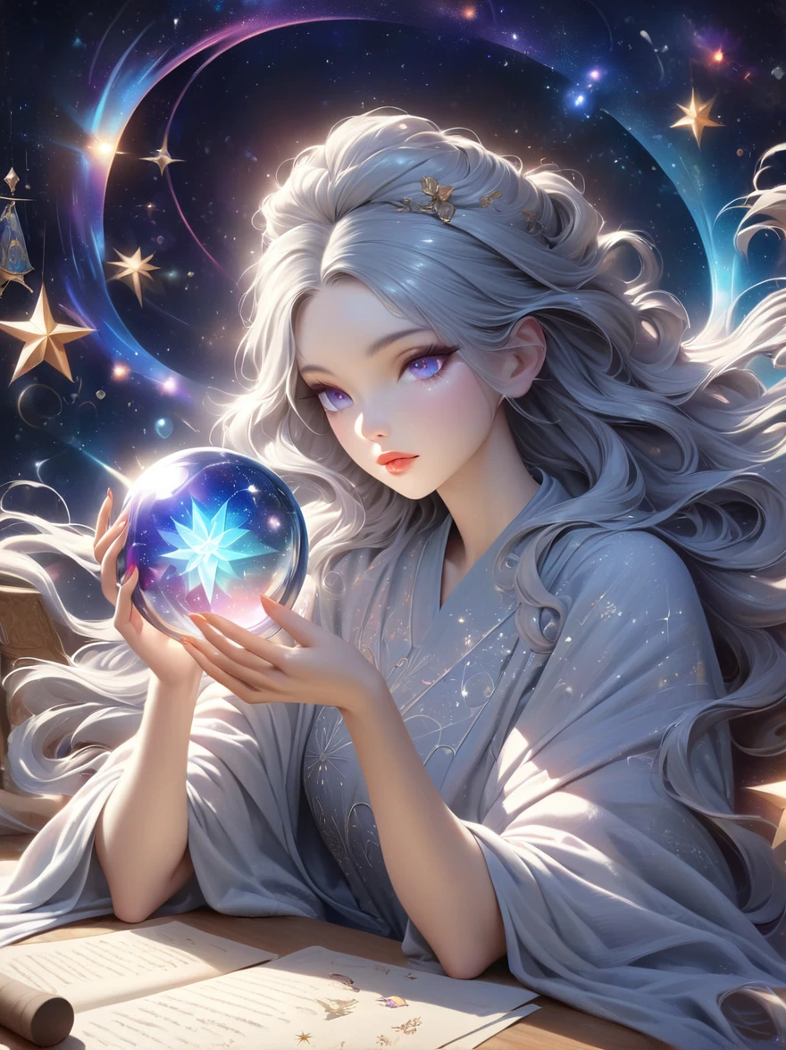 a mystic astrologer woman, flowing robes with intricate star patterns, holding a gleaming crystal ball, beautiful detailed eyes, beautiful detailed lips, long eyelashes, extremely detailed eyes and face, celestial background with stars and constellations, a desk filled with ancient scrolls and astrological tools, soft, ethereal lighting, dramatic shadows, slight bokeh effect, sharp focus, professional, vivid colors, artisan style, magical atmosphere, cosmic theme, (best quality, masterpiece:1.2), ultra-detailed, (realistic, photorealistic), illustration, 8k, highres