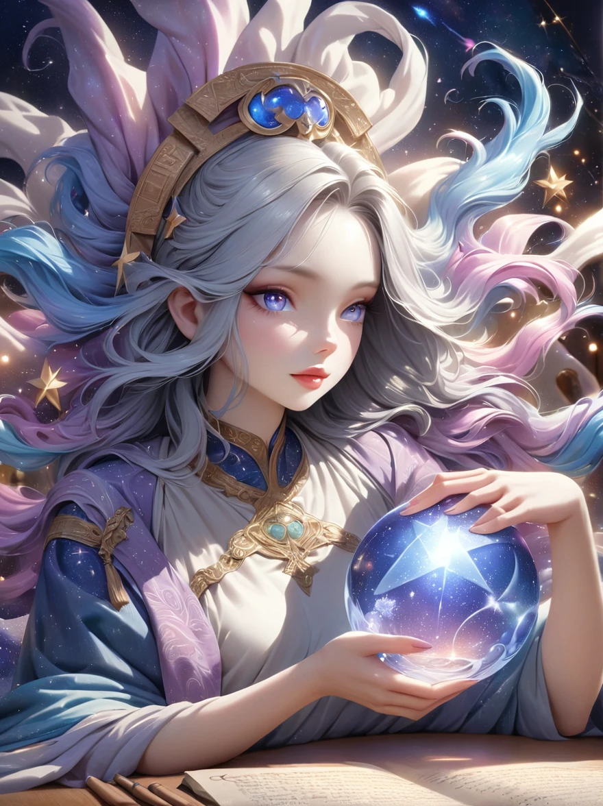 a mystic astrologer woman, flowing robes with intricate star patterns, holding a gleaming crystal ball, beautiful detailed eyes, beautiful detailed lips, long eyelashes, extremely detailed eyes and face, celestial background with stars and constellations, a desk filled with ancient scrolls and astrological tools, soft, ethereal lighting, dramatic shadows, slight bokeh effect, sharp focus, professional, vivid colors, artisan style, magical atmosphere, cosmic theme, (best quality, masterpiece:1.2), ultra-detailed, (realistic, photorealistic), illustration, 8k, highres