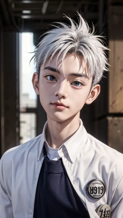 gray hair、male、macho、handsome、white haori、black school uniform、pupils are small、small eyes、怒り顔