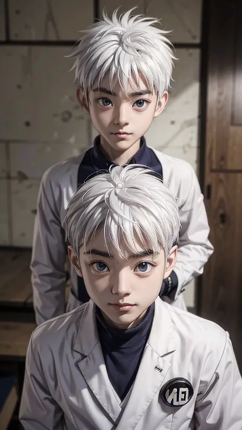 gray hair、male、macho、handsome、white haori、black school uniform、pupils are small、small eyes、怒り顔