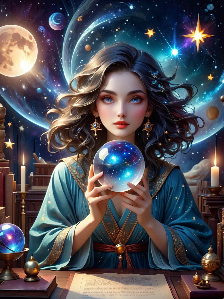 une femme astrologue mystique, robes fluides avec des motifs d&#39;étoiles complexes, tenant une boule de cristal brillante, Beaux yeux détaillés, belles lèvres détaillées, long cils, yeux et visage extrêmement détaillés, fond céleste avec étoiles et constellations, un bureau rempli de parchemins anciens et d&#39;outils astrologiques, Doux, éclairage éthéré, ombres dramatiques, léger effet bokeh, netteté, professionnel, Couleurs vives, style artisanal, ambiance magique, thème cosmique, (Meilleure qualité, chef-d&#39;œuvre:1.2), ultra-détaillé, (Réaliste, photoRéaliste), illustration, 8k, haute résolution