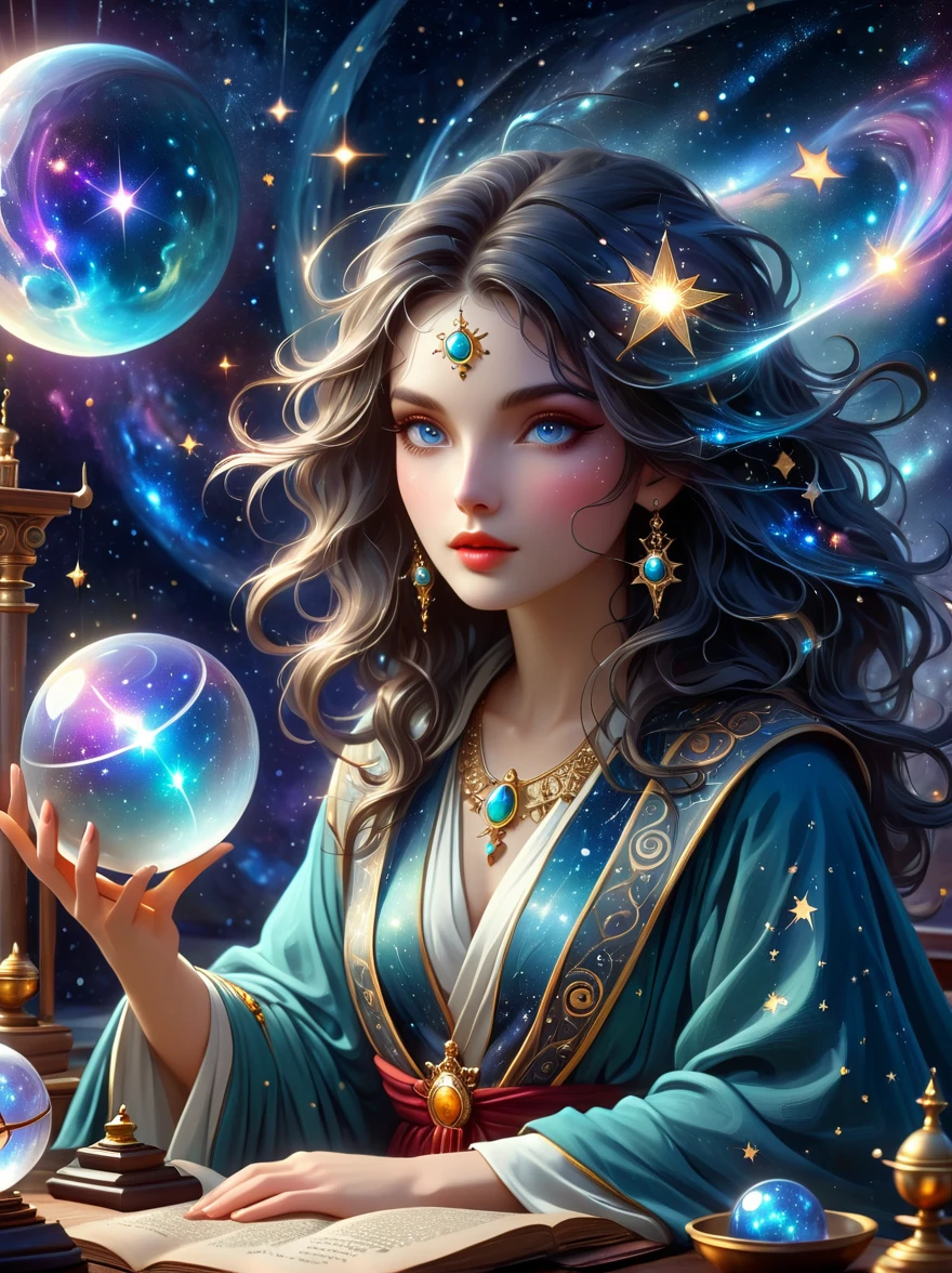 une femme astrologue mystique, robes fluides avec des motifs d&#39;étoiles complexes, tenant une boule de cristal brillante, Beaux yeux détaillés, belles lèvres détaillées, long cils, yeux et visage extrêmement détaillés, fond céleste avec étoiles et constellations, un bureau rempli de parchemins anciens et d&#39;outils astrologiques, Doux, éclairage éthéré, ombres dramatiques, léger effet bokeh, netteté, professionnel, Couleurs vives, style artisanal, ambiance magique, thème cosmique, (Meilleure qualité, chef-d&#39;œuvre:1.2), ultra-détaillé, (Réaliste, photoRéaliste), illustration, 8k, haute résolution