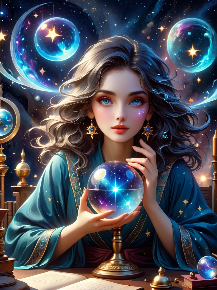 a mystic astrologer woman, flowing robes with intricate star patterns, holding a gleaming crystal ball, beautiful detailed eyes, beautiful detailed lips, long eyelashes, extremely detailed eyes and face, celestial background with stars and constellations, a desk filled with ancient scrolls and astrological tools, soft, ethereal lighting, dramatic shadows, slight bokeh effect, sharp focus, professional, vivid colors, artisan style, magical atmosphere, cosmic theme, (best quality, masterpiece:1.2), ultra-detailed, (realistic, photorealistic), illustration, 8k, highres