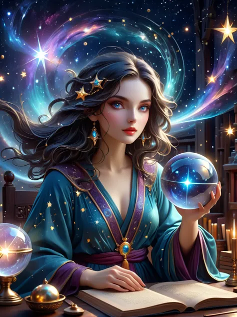 a mystic astrologer woman, flowing robes with intricate star patterns, holding a gleaming crystal ball, beautiful detailed eyes,...