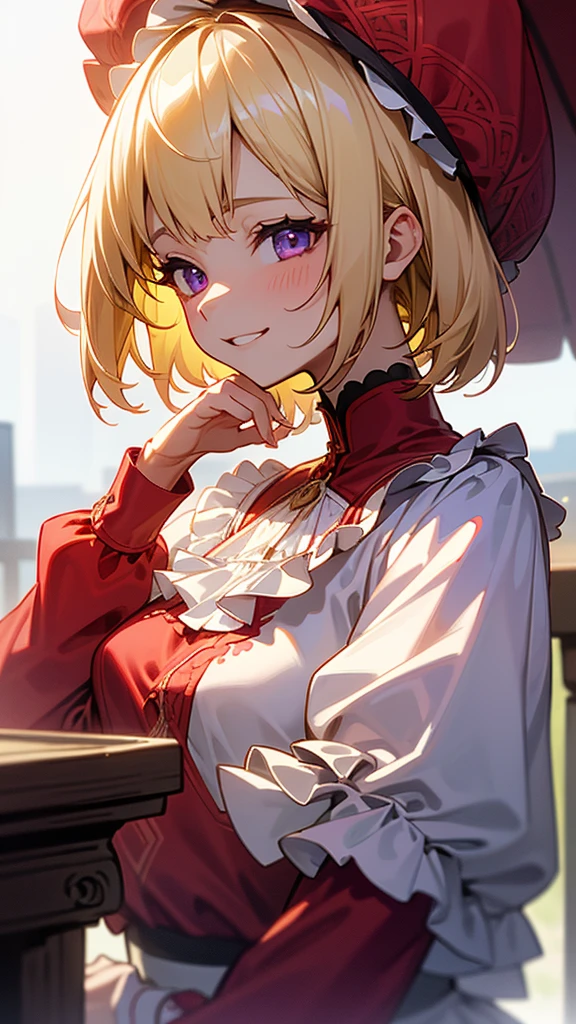 1 Girl、、Sharp focus、(Bokeh) (Highest quality) (Detailed skin:1.3) (Intricate details) (anime)、Upper body close-up、From the side、Natural Proportions、thin、Small breasts、Grin、White skin、(blonde)、Bobcut、Beautiful purple eyes、Red jacket、(Long sleeve blouse)、Frilled blouse、Upper body close-up、Morning Cafe Terrace、Background Blur, Written boundary depth