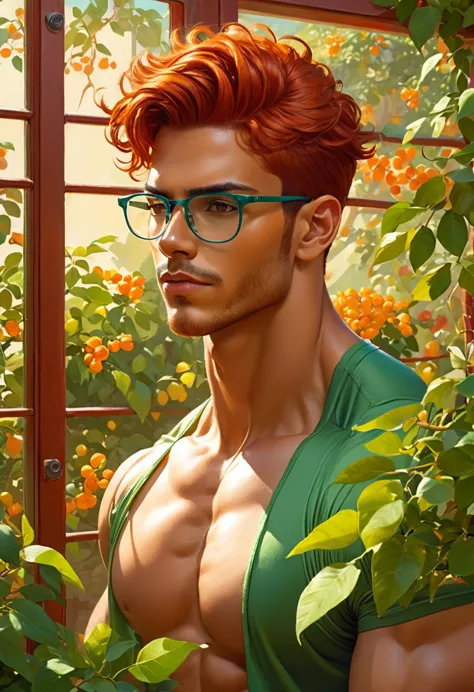 intense warm color palette, a latin man symmetrical fitness body, wears glasses, guspo looks out the window towards the garden o...