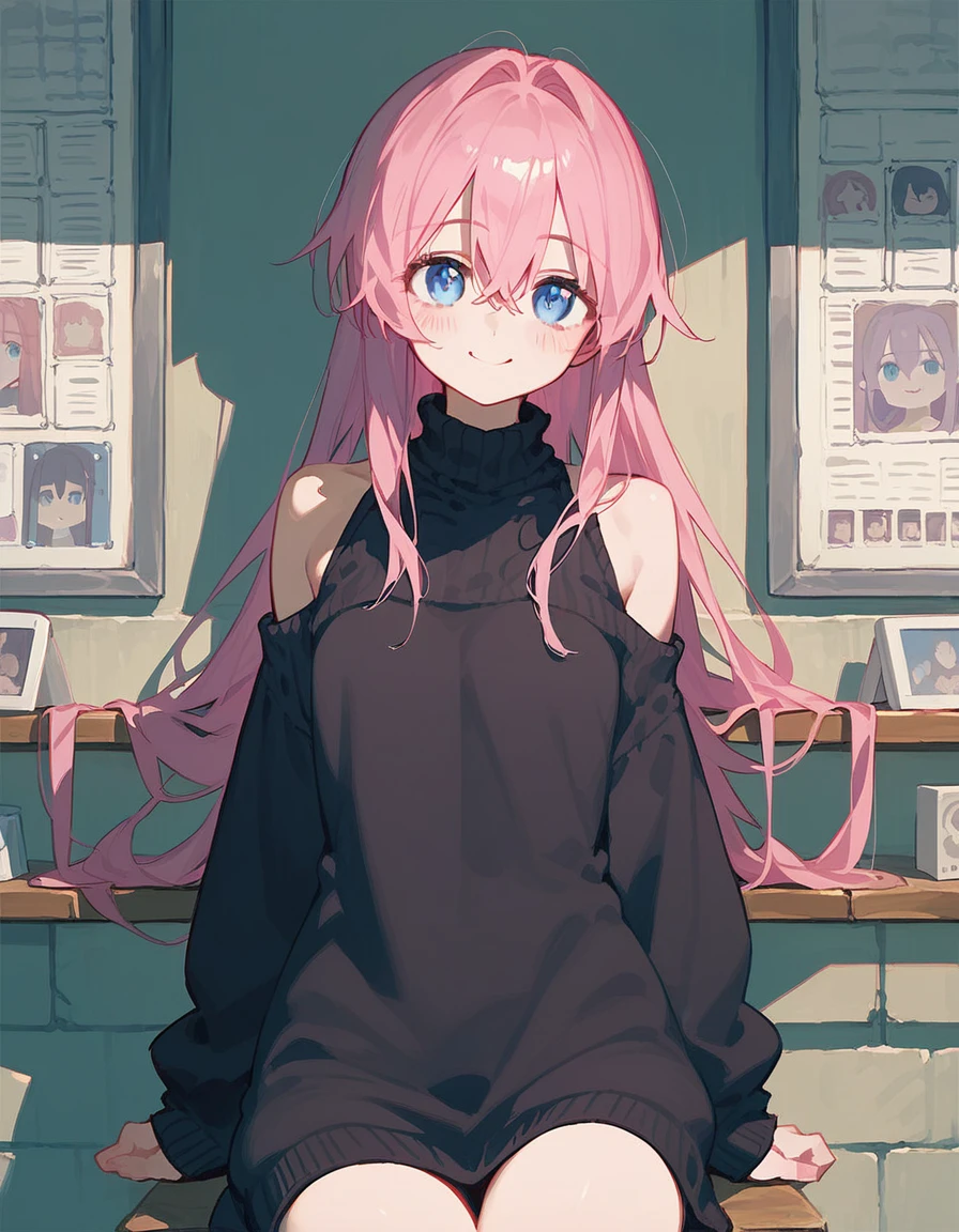 One girl, Shikimori-san, Pink Hair, Long Hair, blue eyes, Hair between the eyes, bangs, blush, compensate, smile, chest, Black sweater, Bare shoulders, No sleeve, skirt, View your viewers, masterpiece, Highest quality   