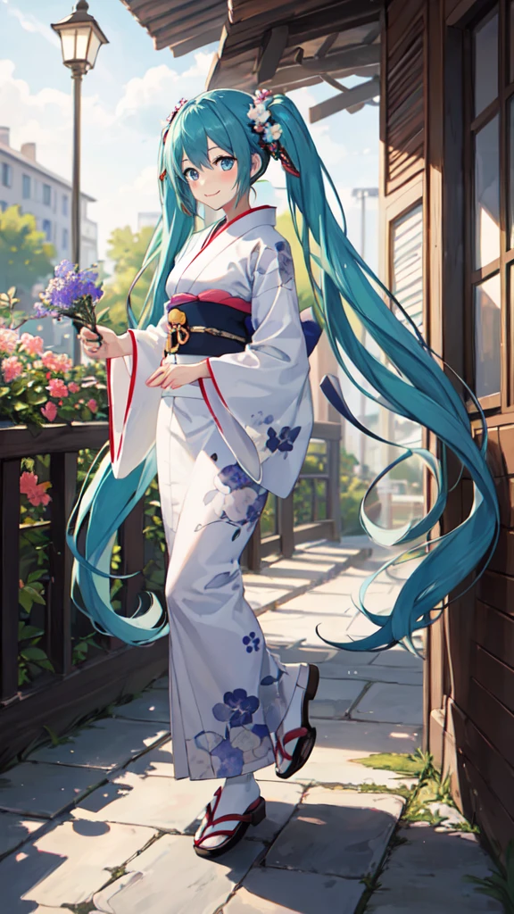 best quality, masterpiece, high resolution, solitary, (Hatsune_future_Blue File:1.10), 1 girl, Wide sleeves, Long sleeve, Looking at the audience, Heart, blush, flowering, Smile, outdoor, Floral, White Kimono, Residence, Printed Kimono, 14 ，full-body shot