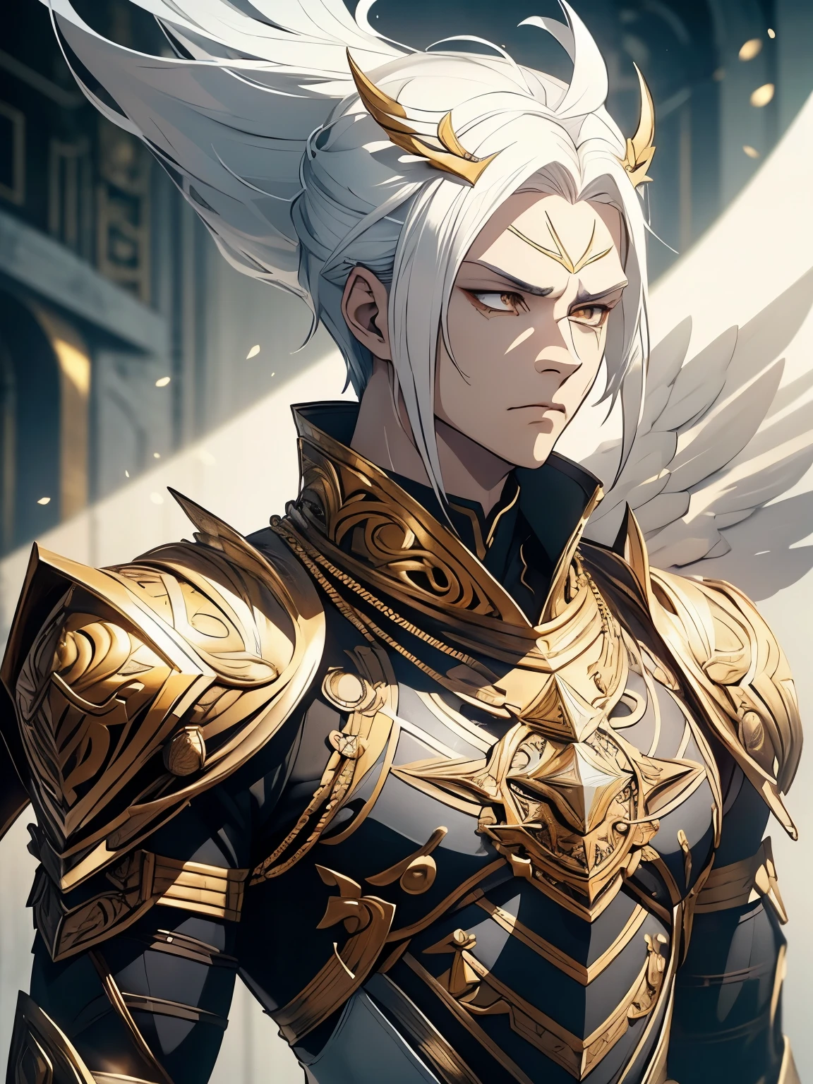 1 white man. whole body, short straight white hair. GOD. Celestial Fighting Clothes Tight, white with gold details. tribal tattoos on the body. imposing look. Shiny golden eyes. detailedeyes. haughty look. Cao Cao. athletic. dynamic angle.