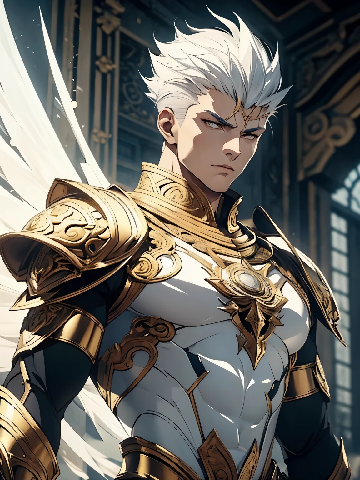 1 white man. whole body, short straight white hair. GOD. Celestial Fighting Clothes Tight, white with gold details. tribal tattoos on the body. imposing look. Shiny golden eyes. detailedeyes. haughty look. Cao Cao. athletic. dynamic angle.