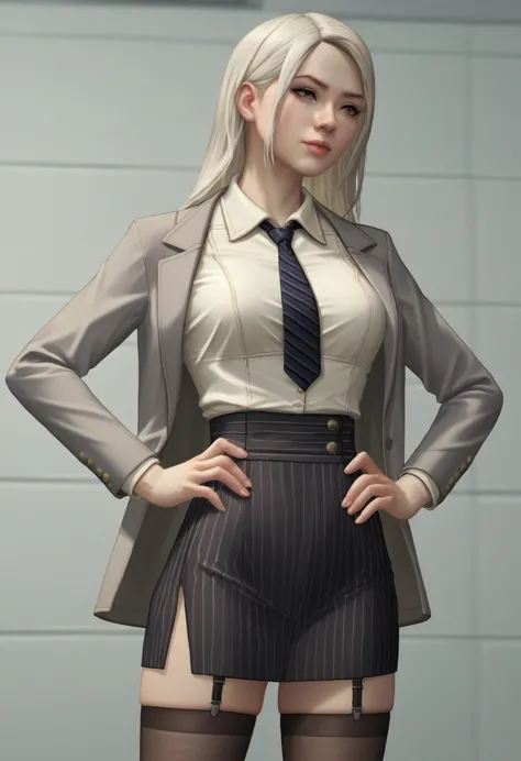 rebecc4dr, navy pinstripe skirt suit, (((three-piece suit))), (((dress shirt))), (((necktie))), (((grey blazer))), (((suit jacke...