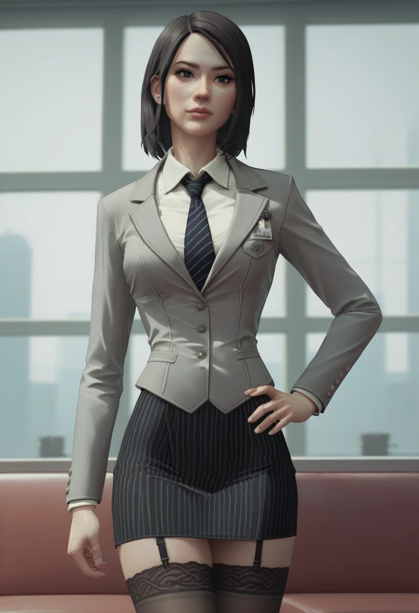 rebecc4DR, navy pinstripe skirt suit, (((three-piece suit))), (((dress shirt))), (((necktie))), (((grey blazer))), (((suit jacket))), (waistcoat), double-breasted waistcoat, (((bodycon miniskirt))), stockings, pocket square, cufflinks, 