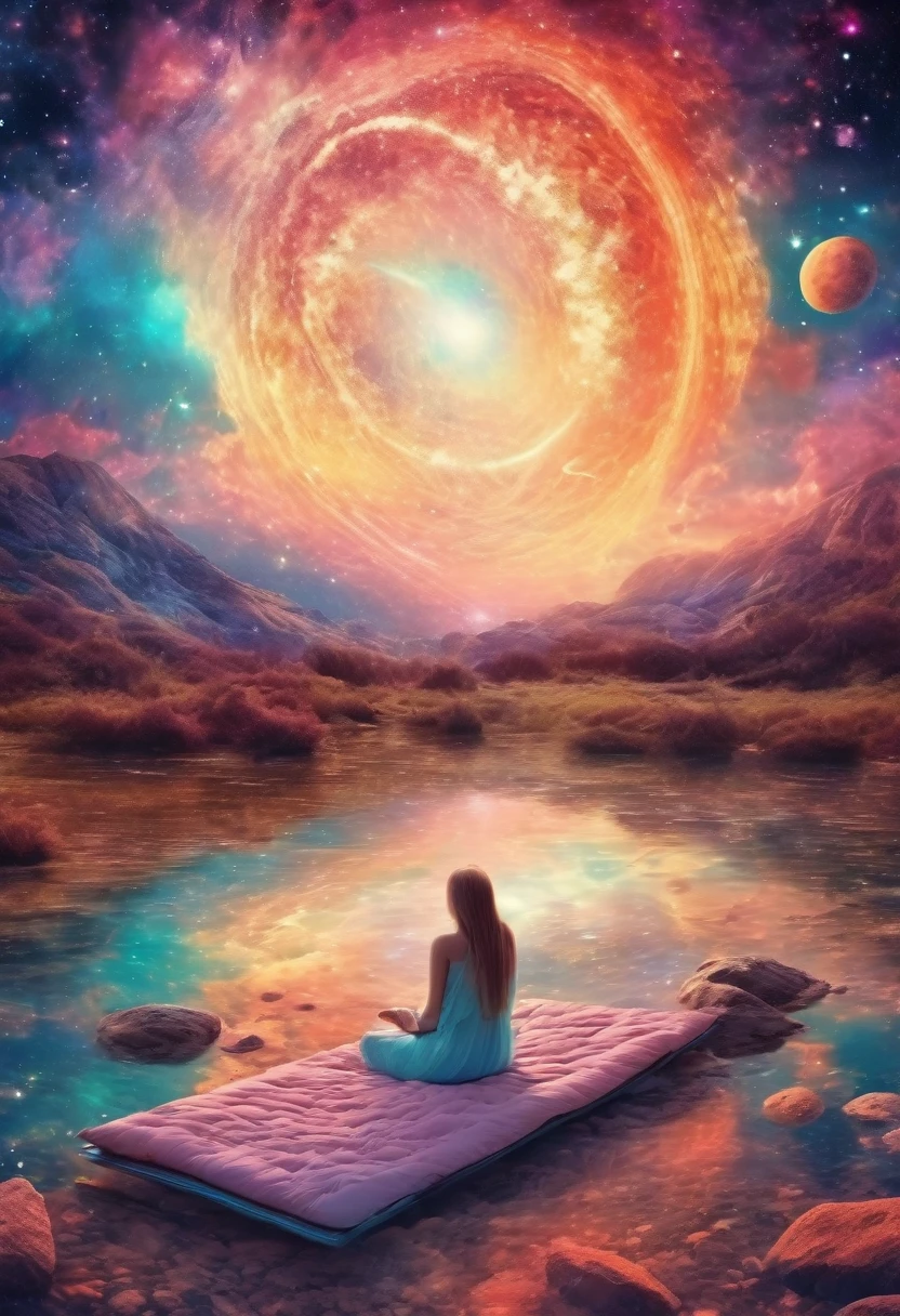 Woman dreaming in a beautiful galaxy,Soft and surreal colors,(Highest quality,4K,High resolution:1.2),Super detailed,Impressionist style,starry skies,Dreamy atmosphere,Gentle moonlight,Space Pattern,Peaceful atmosphere,Subtle changes,Sublime Beauty,Dreamy environment,Quiet Peace,Sleep peacefully in a comfortable bed,A tranquil and otherworldly landscape,Sublime Sky Background,Calm and graceful,Subconscious Journey,Cosmic Inspiration,Vibrant and captivating colors,dreamy abstraction,A magical and enchanting sight,Deep amazement and awe,lucid dream,Galactic Dreamscape,A relaxing and introspective experience,bright shining star,Blissful state of mind,Calm atmosphere,Cosmic Whispers,Mysterious and enchanting,Just drifting away.