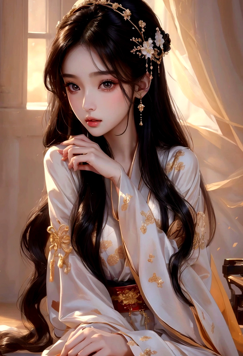 Best image quality、8K、masterpiece：1.3))、Realistic high-quality photos、Highest quality、 Beautiful face、Photos of slim models、Beautiful girl model、Young and pretty face、Beautiful model girl、A lovely and delicate face、Black Hair、Beautiful brown eyes、Young Body、Hanfu, (emphasize)、from the front、Camera gaze