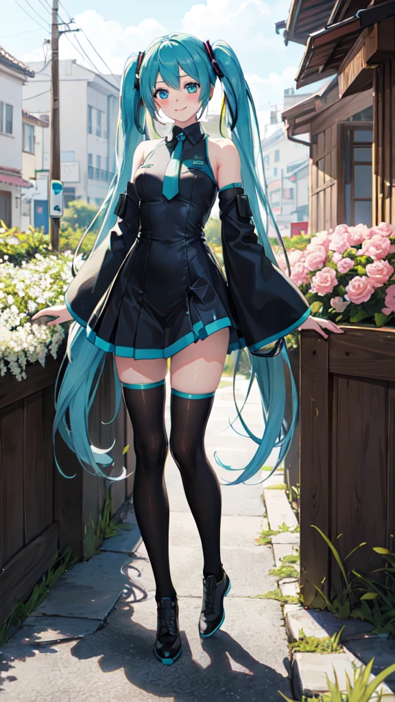 best quality, masterpiece, high resolution, solitary, (Hatsune_future_Blue File:1.10), 1 girl, Wide sleeves, Long sleeve, Looking at the audience, Heart, blush, flowering, Smile, outdoor, Residence, Print 14 ，full-body shot