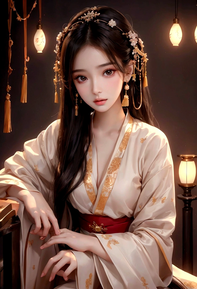 Best image quality、8K、masterpiece：1.3))、Realistic high-quality photos、Highest quality、 Beautiful face、Photos of slim models、Beautiful girl model、Young and pretty face、Beautiful model girl、A lovely and delicate face、Black Hair、Beautiful brown eyes、Young Body、Hanfu, (emphasize)、from the front、Camera gaze