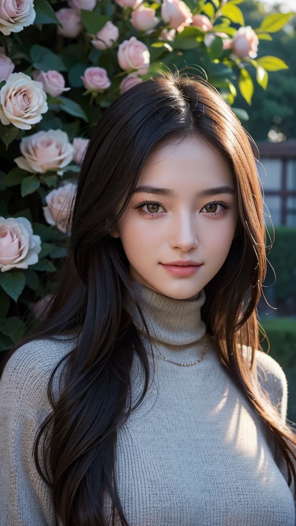 masterpiece,DSLR photo,analog style,nikon d5,real photo,a photo of a beautiful 20 year old woman,dramatic lighting (85mm),with Blooming garden in the background,(detailed facial features),(detailed shiny eyes),dynamic angle,Michelangelo style,long hair,turtleneck sweater,smiling face:1.4,close-up of a face