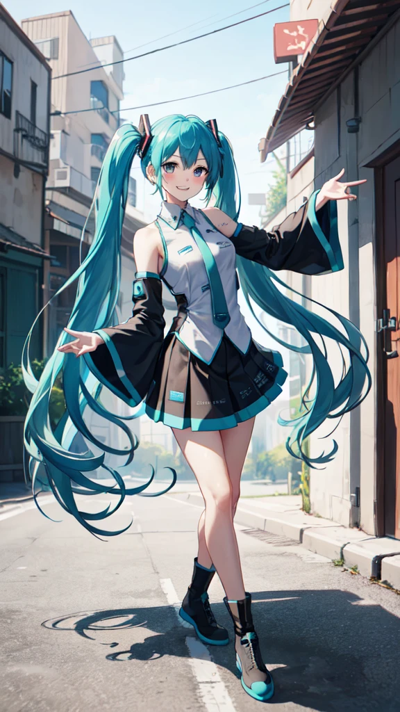 best quality, masterpiece, high resolution, solitary, (Hatsune_future_Blue File:1.10), 1 girl, Wide sleeves, Long sleeve, Looking at the audience, Heart, blush, flowering, Smile, outdoor, Residence, Print 14 ，full-body shot,Dancing posture