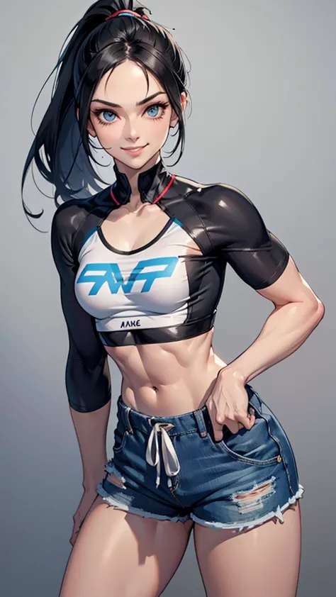 black hair girl with a ponytail, standing looking at the ground with an air of superiority. muscular girl, naughty smile. detail...