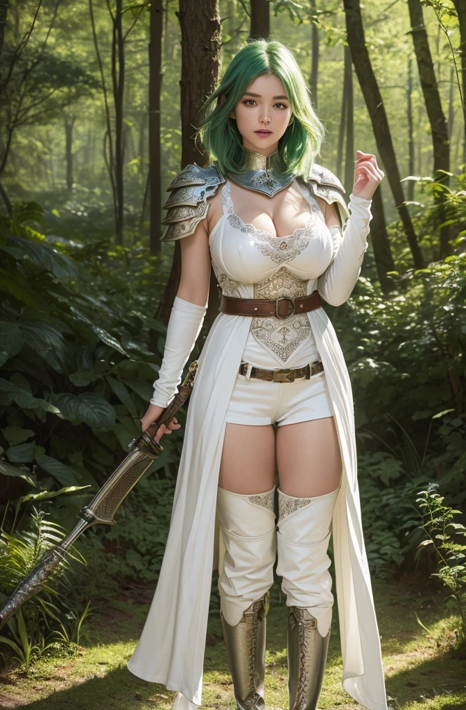 (8K, Highest quality:1.2)、masterpiece, Beautiful Ranger, (Attractive American:1.0),(( White clothes))、((Detailed leather armor)), (Strong muscular body), (((Green Hair))),(Short Hair)、 Braid、Disheveled Hair、feet, (High fantasy battlefield environment), (Forest background), High resolution, (Skin Texture:1.1), Highest quality, 超High resolution, (Realistic: 1.4), RAW Photos, By Ellen von Unwerth, Nikon D850 film stock photos, F1.6 Lenses, Rich colors, Bokeh, Sharp focus, Realistic, Cinestill 800, Backlight, Rim Light, Strong sunlight, Realistic, Realistic Shadow, 3d, (Forest Background:1.2),Hair blowing in the wind、whole body、 (Ancient Fantasy Ranger),(Ancient soldier armor),Combat Accessories,breastplate、((Shoot Pants))、Voluminous lips、((Big Breasts))、((Large Breasts))、Cleavage、((Perfect Face))、Big eyes、Delicate eyes、Body-fitting armor、looking at the camera、belt、Intricately patterned armor、Upper Body、up、Delicate hands、((Knee-high boots))、She is standing、Elf、Forest Fairy