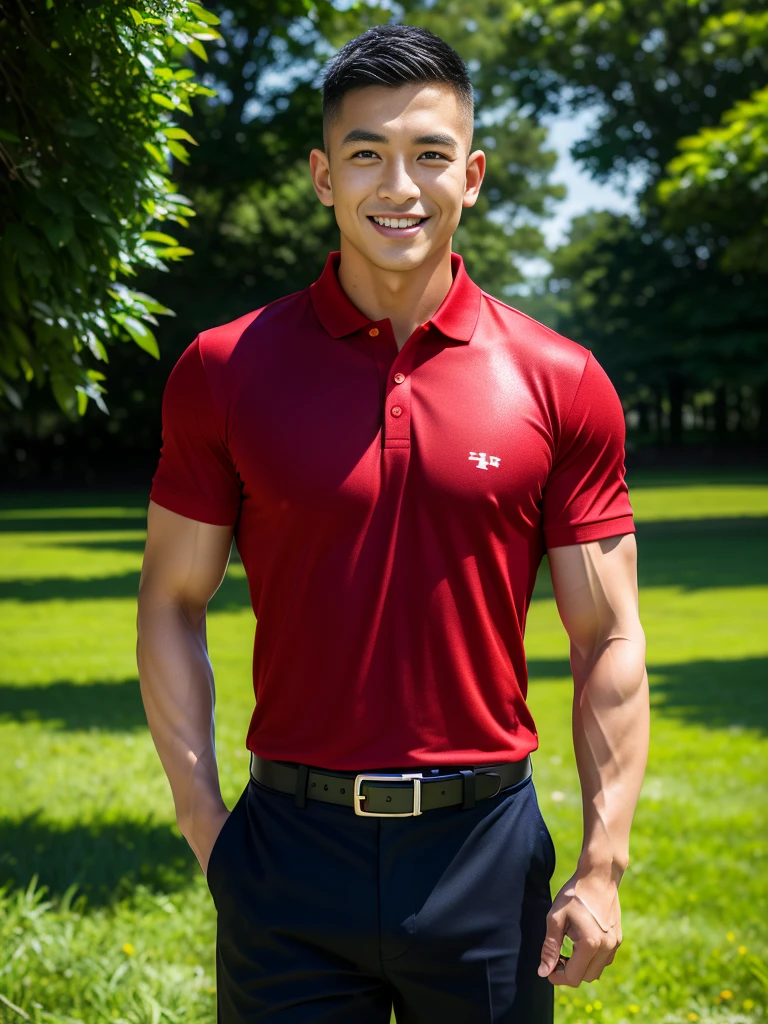 (Create a masterpiece: 1.2),(CGI art:1.3),(realistic:1.5),(After processing:1.3),(Sharp focus:1.3),10,1 man, smile, (Wear a crimson polo shirt.), Navy cargo pants, Korean guy , korean men, (High gloss details), chest muscles, large arm muscles, blood vessel, Big muscles, Broad shoulders, looking at the audience, Balancing the eyes, rice field