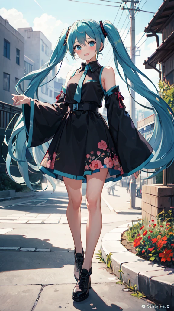 best quality, masterpiece, high resolution, solitary, (Hatsune_future_Blue File:1.10), 1 girl, Wide sleeves, Long sleeve, Looking at the audience, Heart, blush, flowering, Smile, outdoor, Residence, Print 14 ，full-body shot，on stage