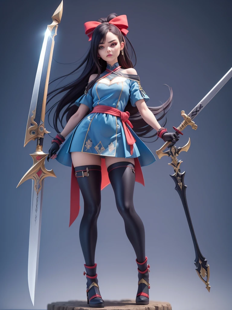 female mascot, small, , Ray-tracing, Waist slender, small, with ancient clothes, detailed, Russian robes, warm clothing, hot pants e botas, with sword in hand, futuristic gun pointing left, pose to the left, detailed doom style sword, large sword with different colors, futuristic sword, cintura small, complex light, cyberpunk sword in hand, sock with horizontal stripes in two colors up to the thigh, complex light, wool, pants with many folds, exclusive gloves, dynamic position, dark look, dark look, giant sword in hand, attacking, belts around the waist, detailed hem, giant laser sword, dark look, shorts, Darkening, Eyes red, Traits I didn't bring, prints, big thorns bracelet, shorth hair, Power spells,High subsurface, High subsurface, occlusion environment, ((dark look)), dark look, black costumes, shorth hair, big gloves, Bodysuit, (tied hair), hair divided into two, full-body vision, hair tied with ribbons and large bows, joelheiras detailed, ((blackquality hair)), ((blue short dress with stylish rip at the waist)),mortal kombat, detailed top, shoulder pads rich in details, Thigh-high boots, hair divided into two, stamped, red details,((sexy)),((peitões))