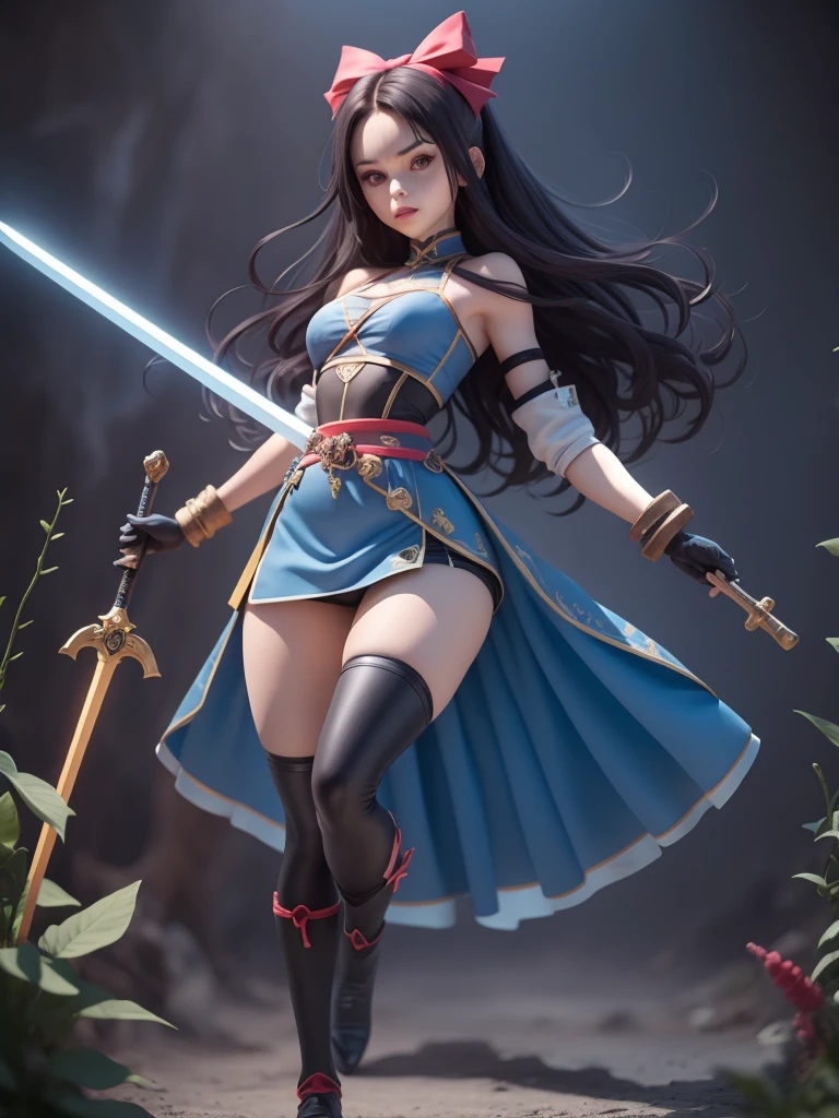 female mascot, small, , Ray-tracing, Waist slender, small, with ancient clothes, detailed, Russian robes, warm clothing, hot pants e botas, with sword in hand, futuristic gun pointing left, pose to the left, detailed doom style sword, large sword with different colors, futuristic sword, cintura small, complex light, cyberpunk sword in hand, sock with horizontal stripes in two colors up to the thigh, complex light, wool, pants with many folds, exclusive gloves, dynamic position, dark look, dark look, giant sword in hand, attacking, belts around the waist, detailed hem, giant laser sword, dark look, shorts, Darkening, Eyes red, Traits I didn't bring, prints, big thorns bracelet, shorth hair, Power spells,High subsurface, High subsurface, occlusion environment, ((dark look)), dark look, black costumes, shorth hair, big gloves, Bodysuit, (tied hair), hair divided into two, full-body vision, hair tied with ribbons and large bows, joelheiras detailed, ((blackquality hair)), ((blue short dress with stylish rip at the waist)),mortal kombat, detailed top, shoulder pads rich in details, Thigh-high boots, hair divided into two, stamped, red details,((sexy)),((peitões))