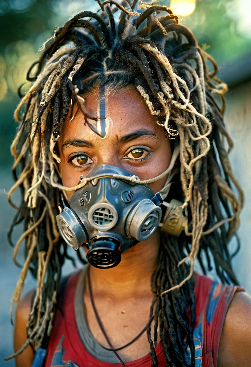 RAW, (HDR:1.9) best quality, 4k, 8k, (ultra high resolution), (photo hd:1.6), (sharp focus), (Kodak Portra 400 film) (portrait), 
close-up of a young woman  dreadlocks, black hair, gas mask, constricted pupils, pupils sparkling(artistic portrait: 1.5) (85mm, reflex camera) 
(dramatized effect, photographic filter: 2.0) Photography awarded with an honorable mention
