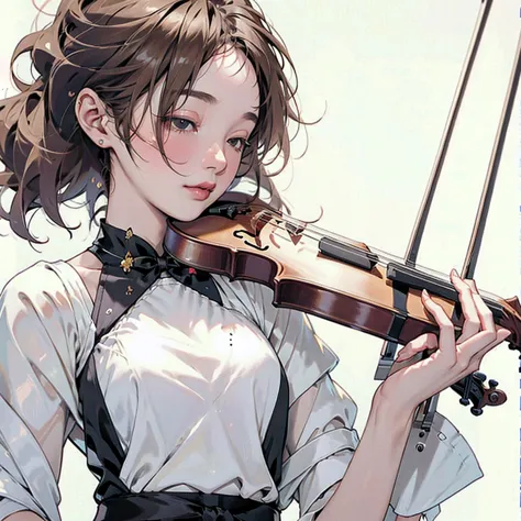 (masterpiece, best quality:1.2), 1girl, playing violin, solo, blank background, white background,