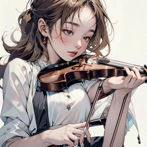 (masterpiece, best quality:1.2), 1girl, playing violin, solo, blank background, white background,