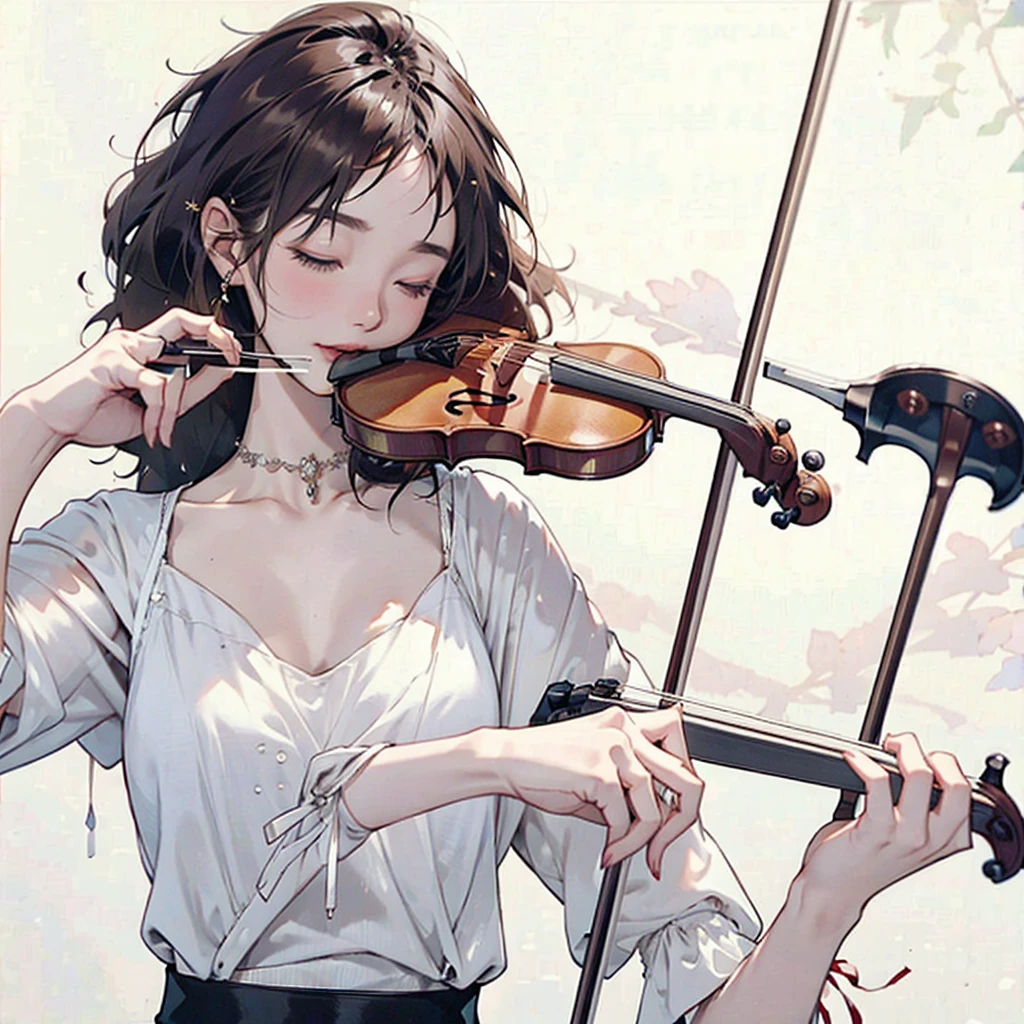 (masterpiece, best quality:1.2), 1girl, playing violin, solo, blank background, white background,