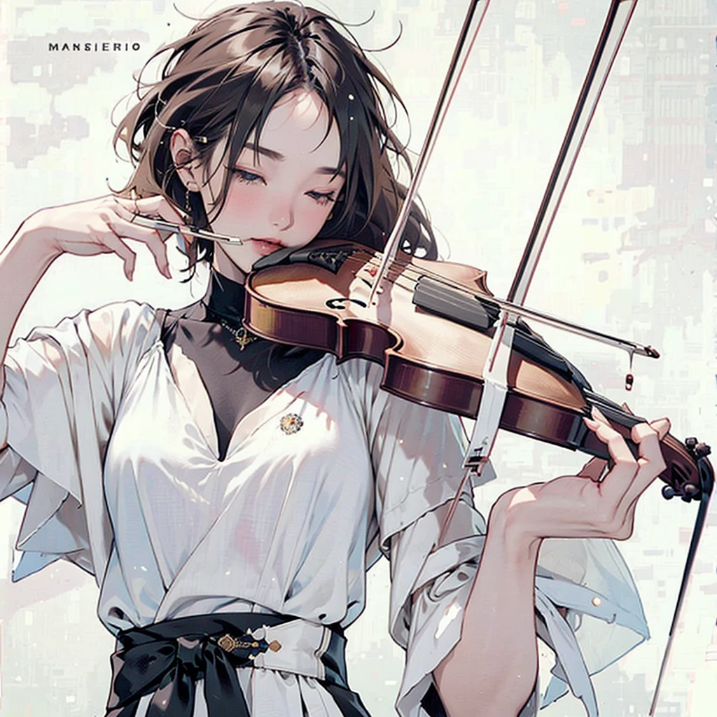 (masterpiece, best quality:1.2), 1girl, playing violin, solo, blank background, white background,