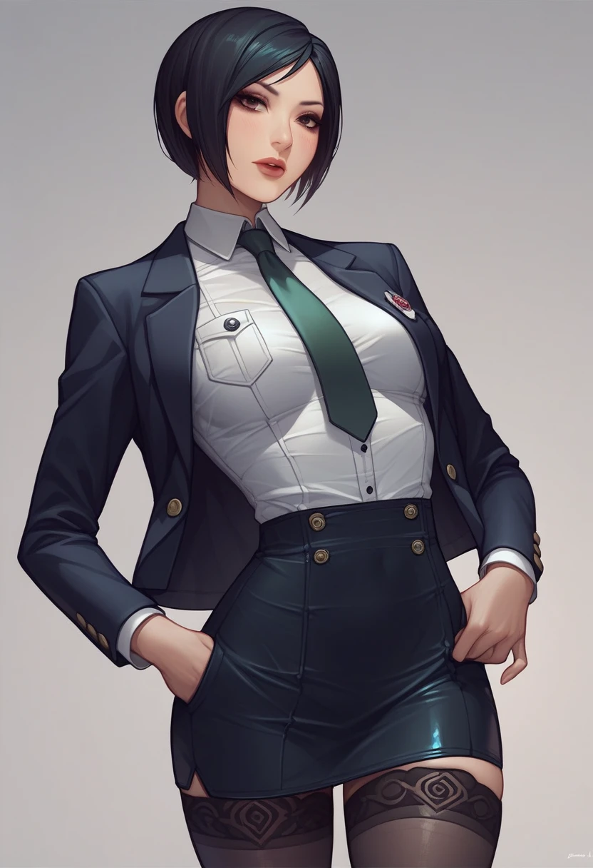 Ada Wong, skirt suit, (((three-piece suit))), (((dress shirt))), (((necktie))), (((blazer))), (((suit jacket))), (waistcoat), double-breasted waistcoat, (((bodycon miniskirt))), stockings, pocket square, cufflinks,