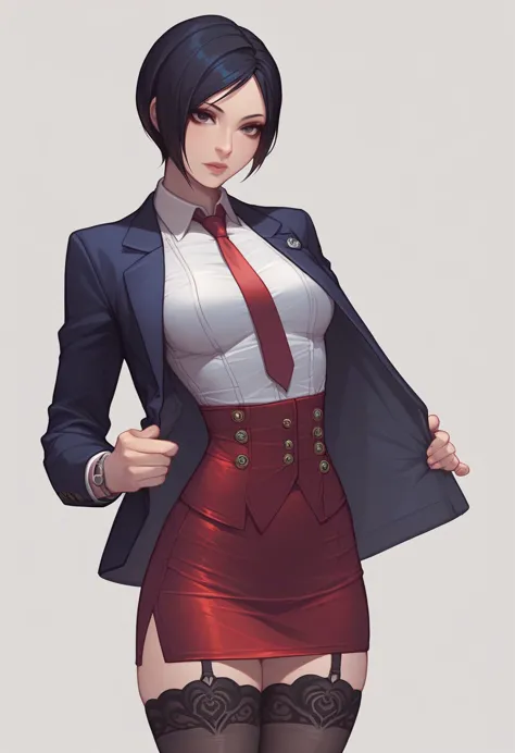 ada wong, skirt suit, (((three-piece suit))), (((dress shirt))), (((necktie))), (((blazer))), (((suit jacket))), (waistcoat), do...