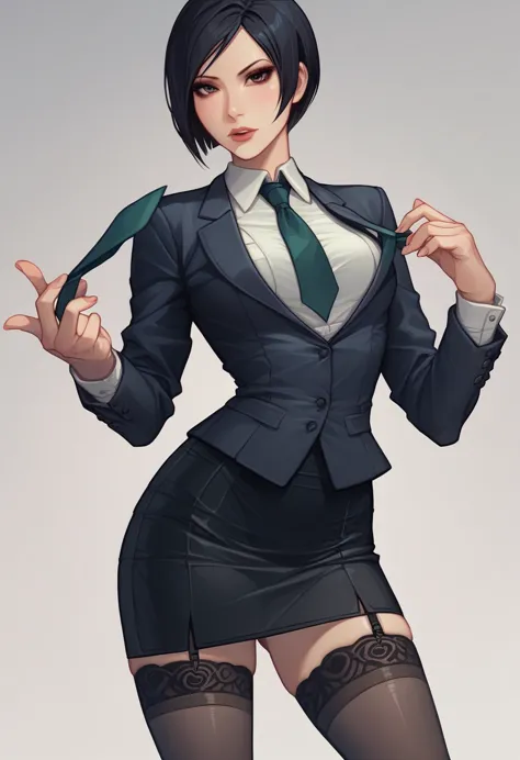 ada wong, skirt suit, (((three-piece suit))), (((dress shirt))), (((necktie))), (((blazer))), (((suit jacket))), (waistcoat), do...