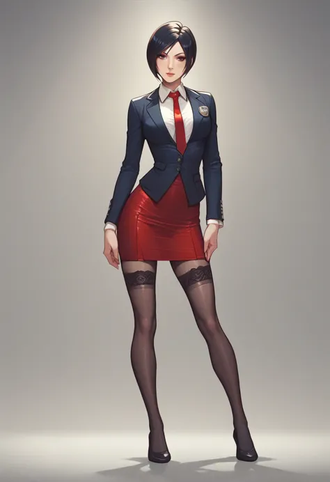 ada wong, skirt suit, (((three-piece suit))), (((dress shirt))), (((necktie))), (((blazer))), (((suit jacket))), (waistcoat), do...