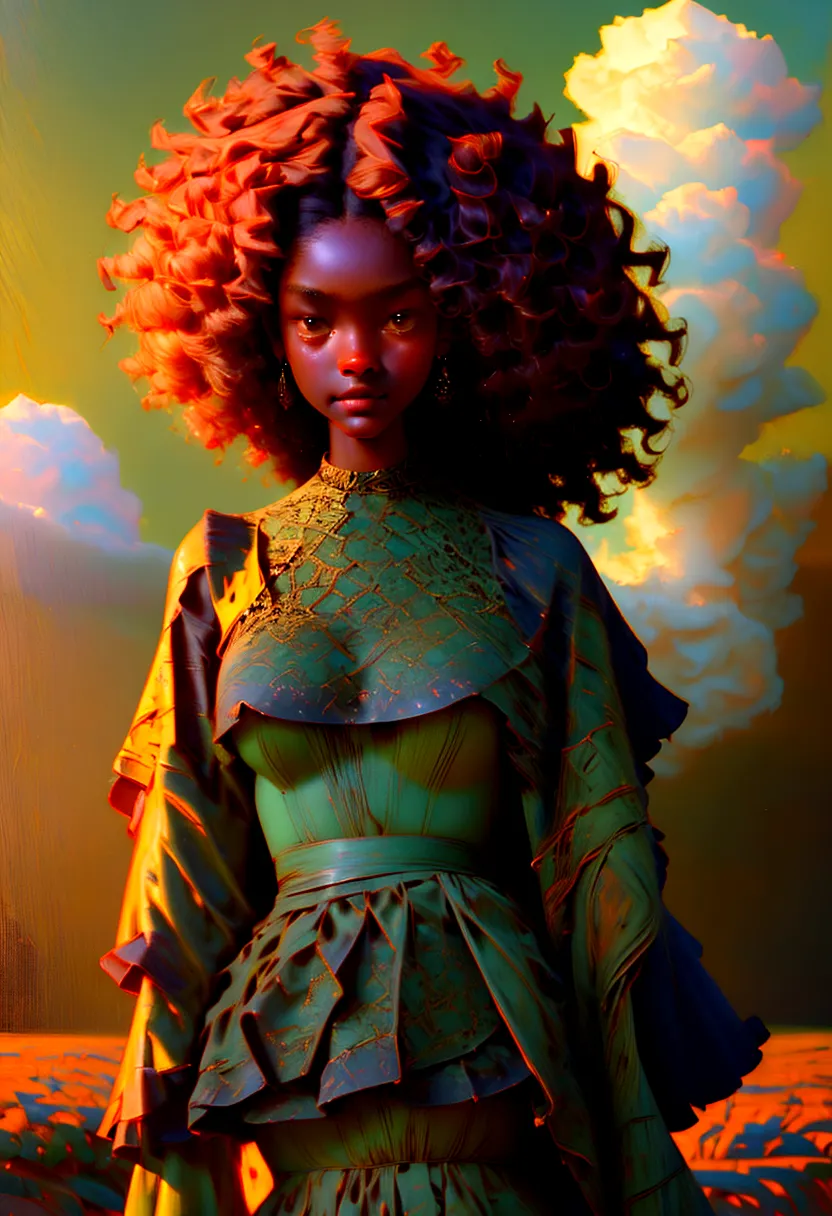 a beautiful dark skin ebony girl with a green dress, afro curly hair, in a wheat farm, digital art, sunlight, beauty, (best qual...