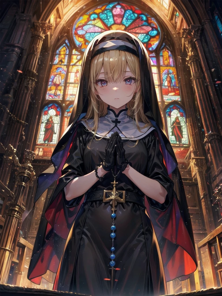 Praying with hands folded　Rubber puff sleeve　Golden Rosary　Interior background of the church　Stained glass　　sunset　Orange Room　anime　Vinyl Sister Black Veil　Nuns　Shiny black sister outfits　Blonde long hair　　Extra long black rubber gloves　cute　Pathetic　clear　Droopy eyes　I&#39;worry　Open your mouth slightly and smile　Shocking Pink Rouge　Shiny black rubber riding suit　Wet lips　The costume is shiny with lotion　Embarrassing　Blushing　Embarrassing　Big breasts that will tear your clothes　Very large breasts　Extremely distended breasts　Huge breast swelling　Looking into the camera　university student　Year: 20　Illustrated style　anime風　　beautiful girl　Cheeks pink　Blonde long hair　super curly hair　Super long sideburns　Black rubber long socks that reach down to the crotch