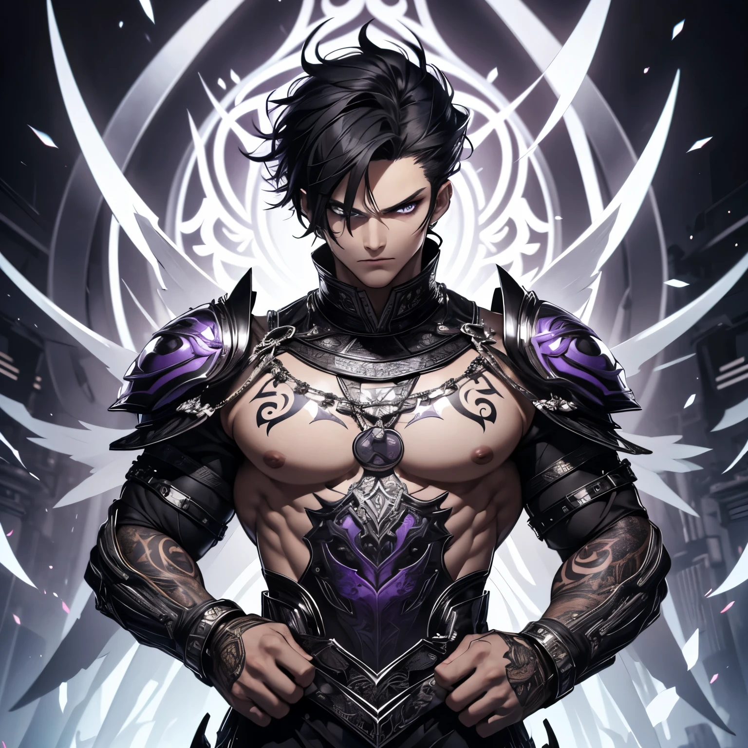 1 white man. whole body, short straight black hair. GOD. Angelic Tight Fight Clothes, black with purple details. tribal tattoos on the body. imposing look. bright purple eyes. detailedeyes. haughty look. athletic.