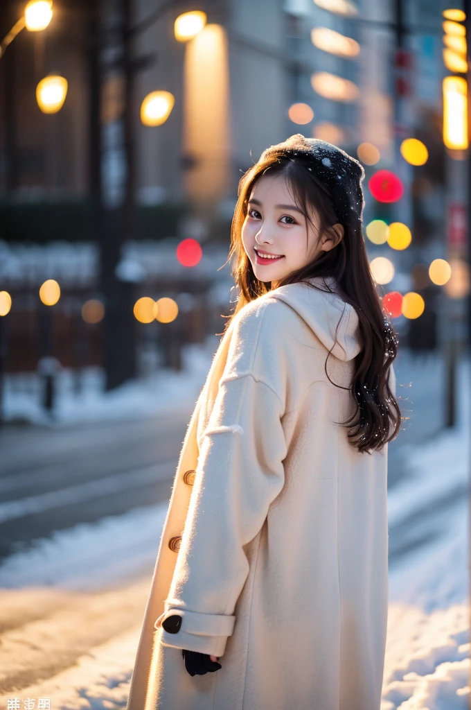 ulzzang-6500-v1.1, (RAW Photos:1.2), (Photorealistic), Beautiful detailed girl, (Genuine: 1.4), Very detailed目と顔, Beautiful and fine details, ((walk on a snow-covered road:1.3)), ((elegant long coat:1.3))、Selfie、Instagram、 Huge file sizes, High resolution, Very detailed, Highest quality, [masterpiece:1.6], Awareness-raising, Very detailed, Hmph, In detail, Highest quality, 8k wallpaper, Cinema Lighting, One Girl, , Perfect figure, Cute droopy eyes、Beautiful big eyes、 ((masterpiece)), Highest quality, One Girl, eye shadow,  Portraiture, ((Full Body Shot:1.14))、(A very loving smile:1.2)、Realistic skin texture、Glowing Skin、Exposed thighs!!!